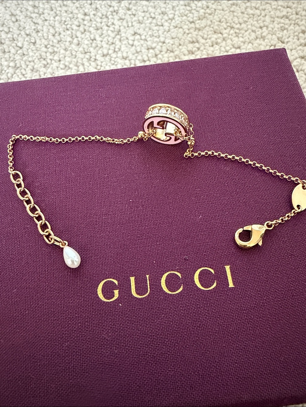 NIB-Gucci Gold pink enamel Blondie Bracelet with Crystals and pearl. 7.5 inches - Picture 3 of 4